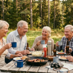 Seniorer som sitter utomhus vid ett bord och ska äta grillad mat.
