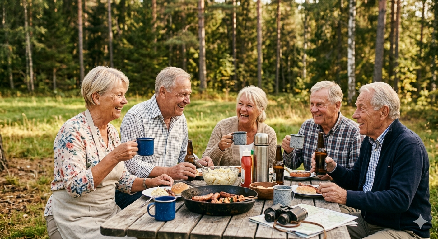 Seniorer som sitter utomhus vid ett bord och ska äta grillad mat.
