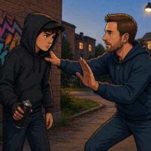 AI-skapad teckning i färg där en vuxen man hindrar en ungdom från att fortsätta spreja graffiti på en tegelvägg.