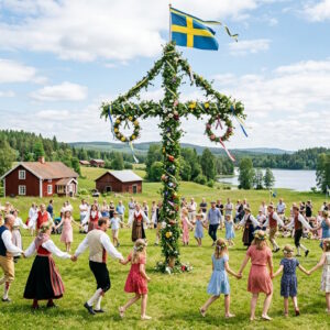 Midsommarfirande med dans kring stång. Midsommar i Ankarbacken i Söderfors