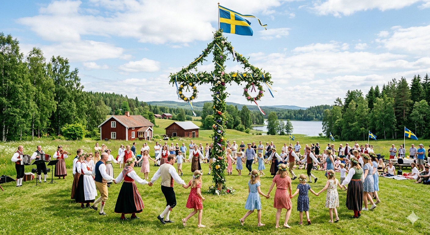 Midsommarfirande med dans kring stång. Midsommar i Ankarbacken i Söderfors