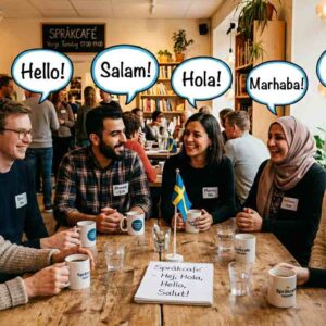 AI-genererad bild av deltagare i ett språkcafé som säger hej på olika språk.
