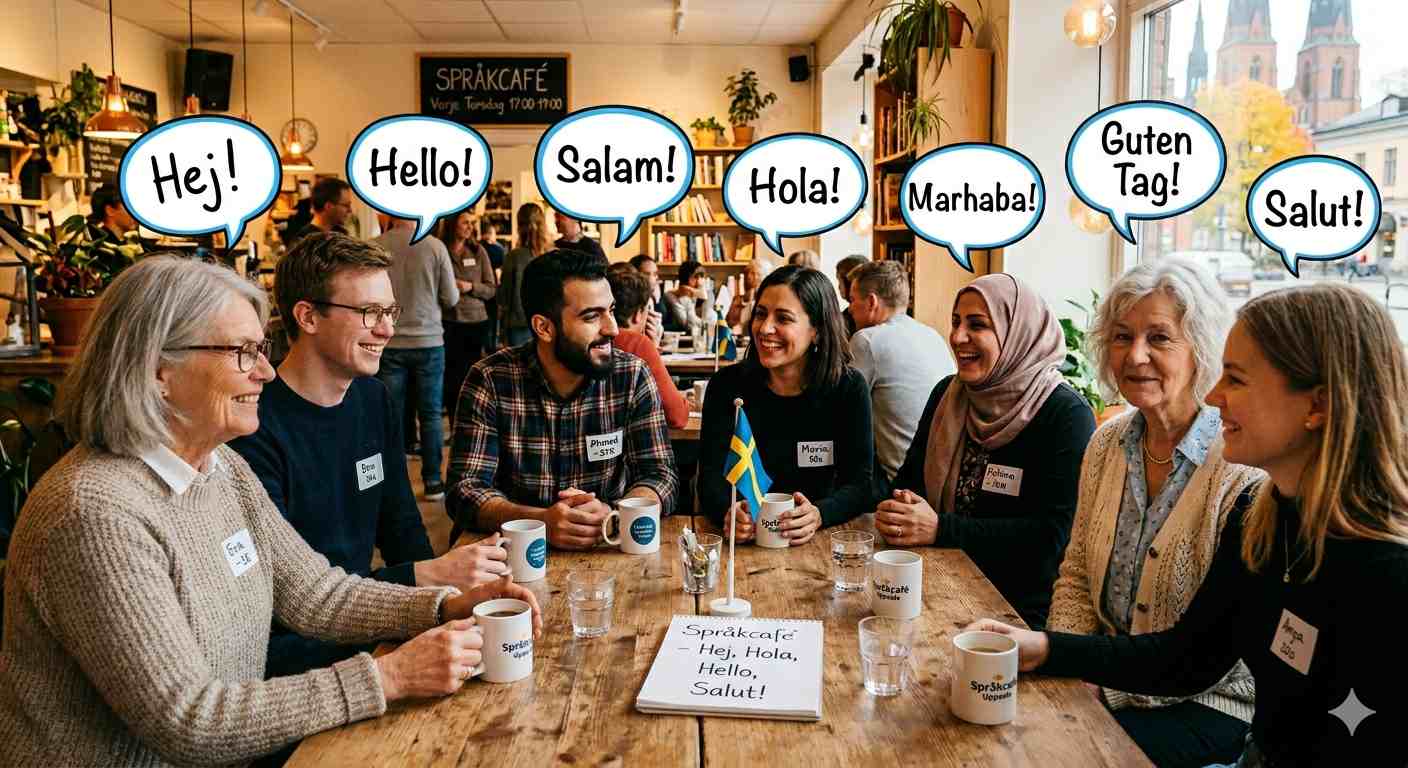 AI-genererad bild av deltagare i ett språkcafé som säger hej på olika språk.