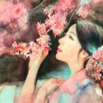 Målning föreställande kvinna som luktar på ett körsbärsträd i blom.