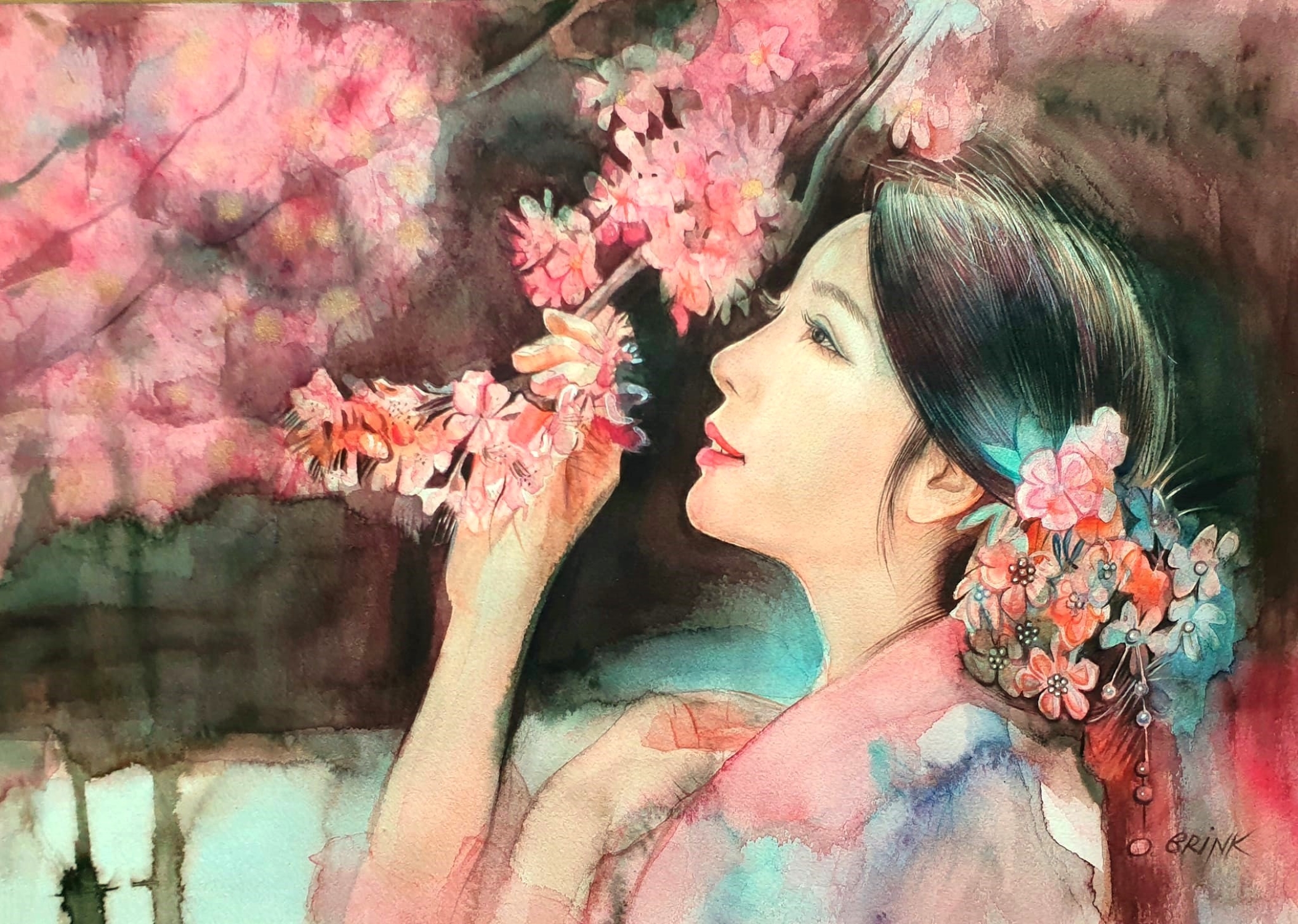 Målning föreställande kvinna som luktar på ett körsbärsträd i blom.