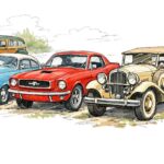 AI-genererad färgskiss av fyra veteranbilar. Motordag på Hållnäs hembygdsgård