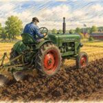 AI-skapad illustration av en bonde som plöjer en åker med en veterantraktor.