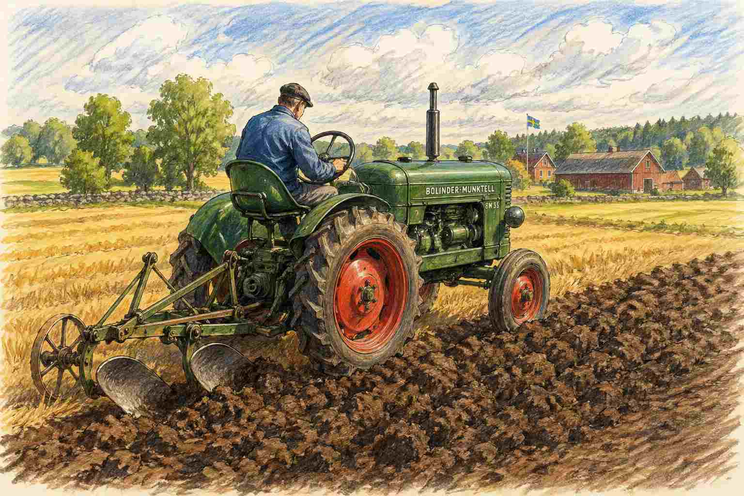 AI-skapad illustration av en bonde som plöjer en åker med en veterantraktor.