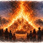 AI-genererad teckning av en stor majbrasa med folk runtom.