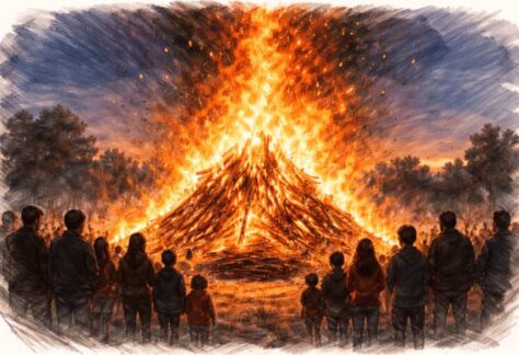 AI-genererad teckning av en stor majbrasa med folk runtom.