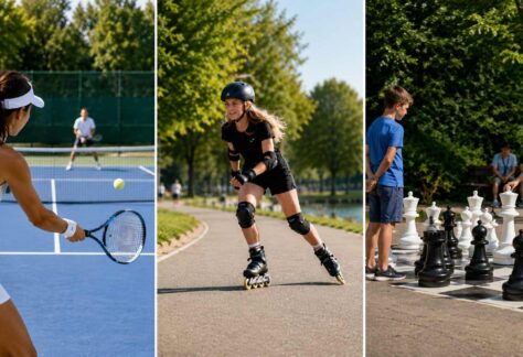 AI-skapat fotokollage av tennisspelare, inlinesåkare och spelare av jätteschack.