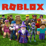 Animerad bild på Roblox figurer som står utomhus på gräs under en blå himmel.