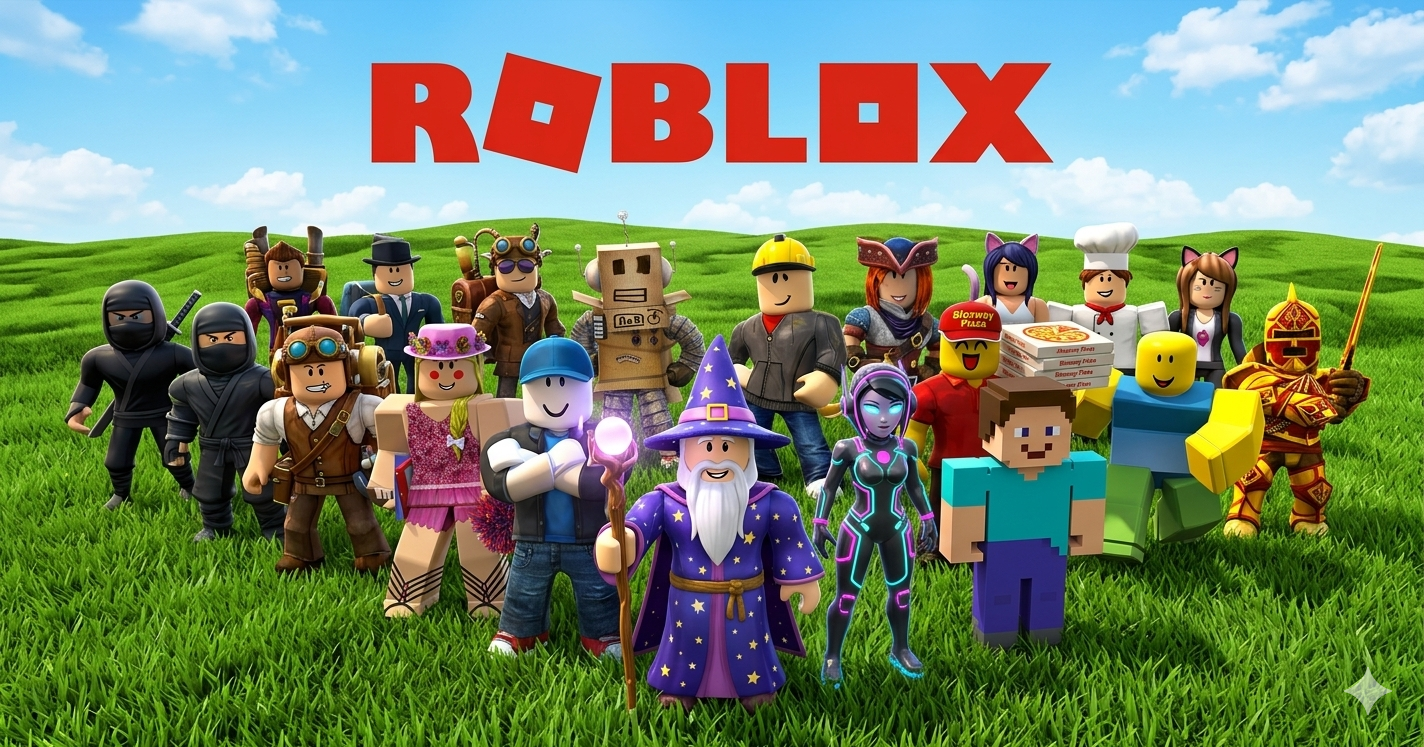 Animerad bild på Roblox figurer som står utomhus på gräs under en blå himmel.