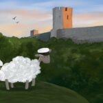 En illustration av ett får i en studentmössa på en kulle utanför muren runt Visby. Två svalor flyger i bakgrunden i solnedgången.