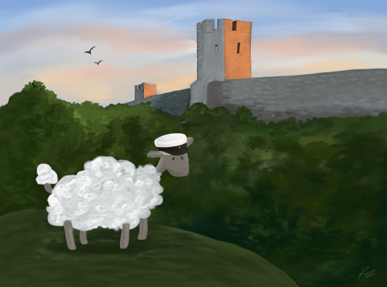 En illustration av ett får i en studentmössa på en kulle utanför muren runt Visby. Två svalor flyger i bakgrunden i solnedgången.