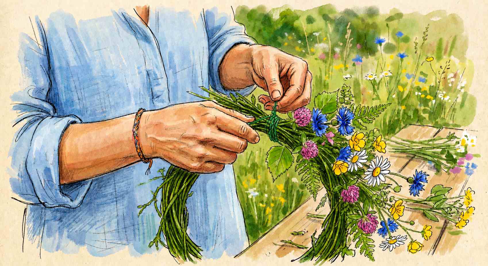 AI-skapad bild av händer som binder en midsommarkrans.