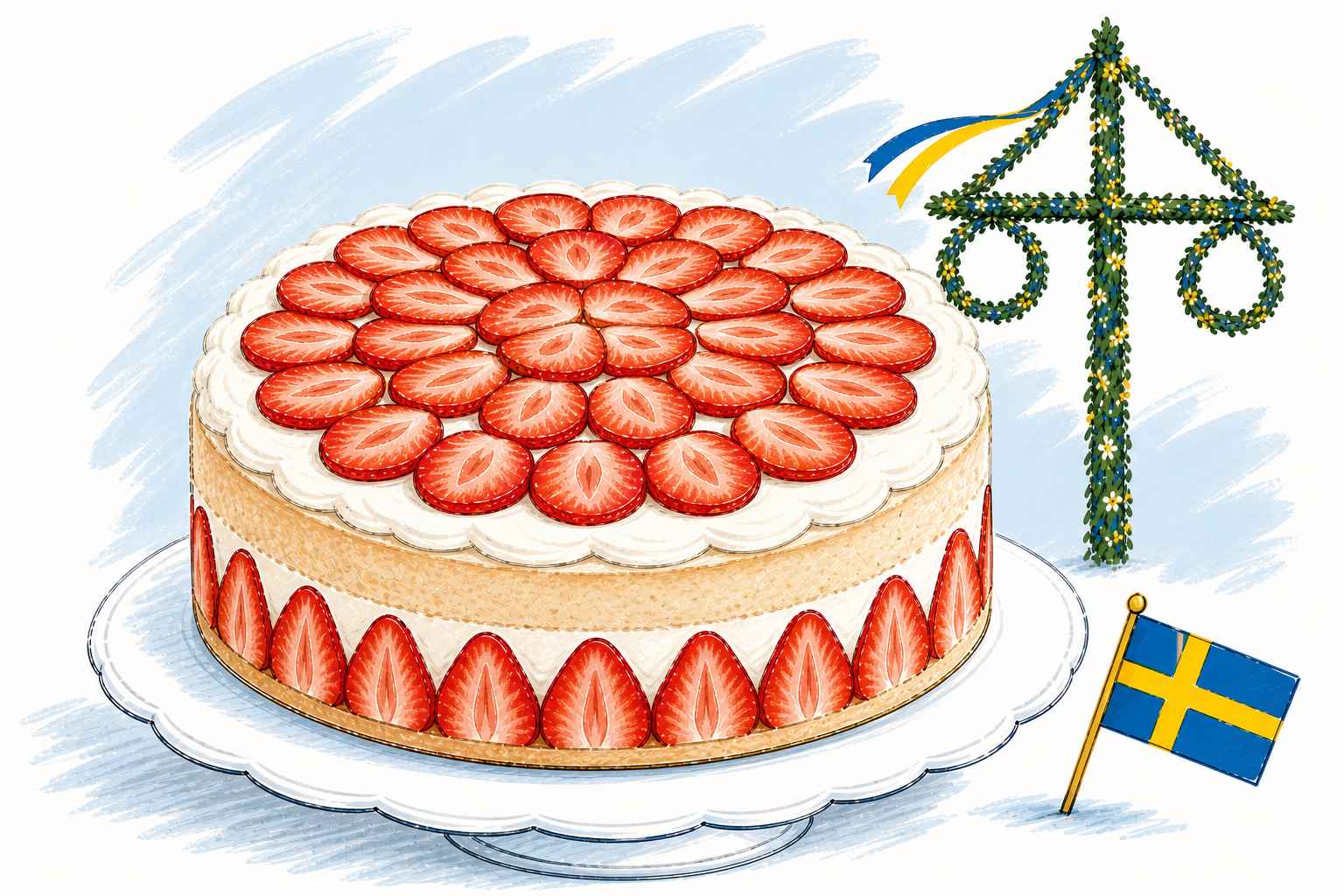 AI-skapad teckning av en jordgubbstårta med en liten svensk flagga intill och en midsommarstång i bakgrunden.