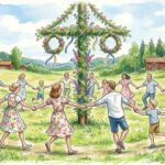 AI-skapad teckning av folk som dansar runt en midsommarstång.