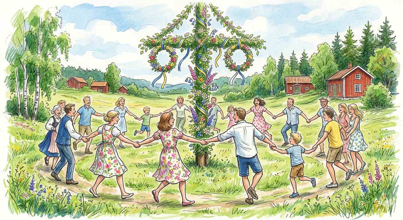 AI-skapad teckning av folk som dansar runt en midsommarstång.