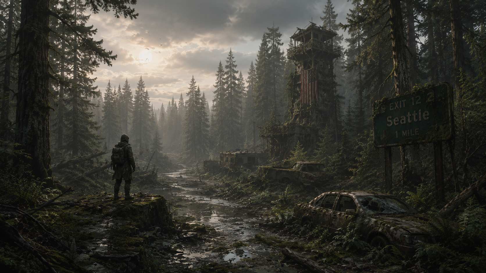 AI-genererad bild av en postapokalyptisk skogsmiljö.