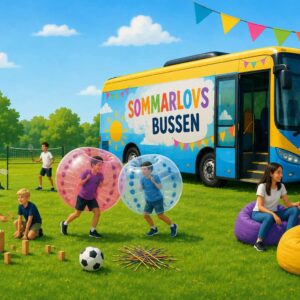 AI-genererad teckning av aktiviteter som Sommarlovsbussen erbjuder; bland annat kubb, plockepinn, badminton och bubble balls.