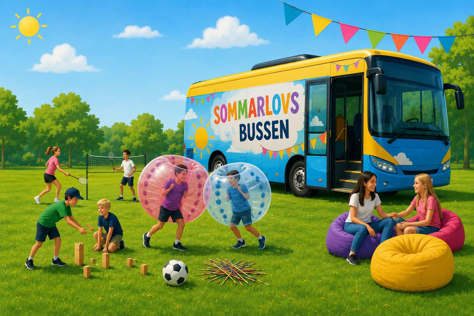 AI-genererad teckning av aktiviteter som Sommarlovsbussen erbjuder; bland annat kubb, plockepinn, badminton och bubble balls.