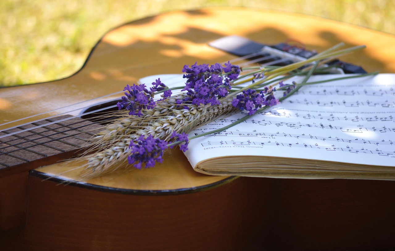 Gitarr med notblad och blommor liggandes ovanpå