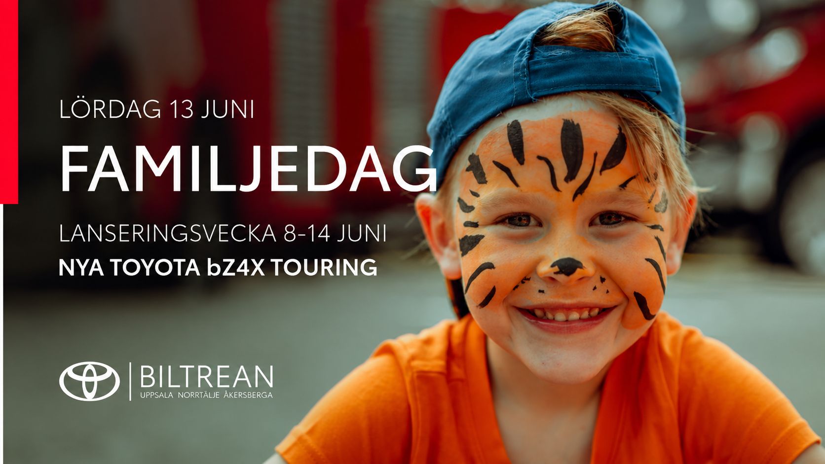 Foto av barn med ansiktsmålning och texten Familjedag Biltrean.