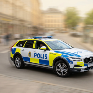 Bild på en svensk polisbild med suddig bakgrund.