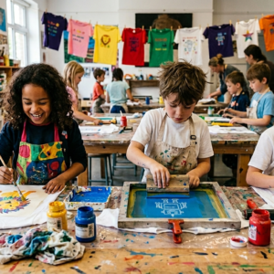 Bild på barn som skapar egna T-shirts i en workshop.