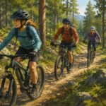 AI-genererad bild av tre personer som cyklar terrängcykel i skogen.