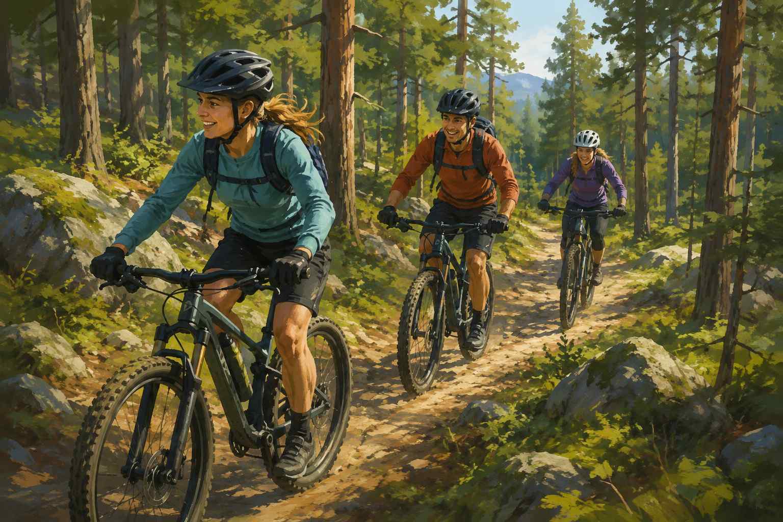 AI-genererad bild av tre personer som cyklar terrängcykel i skogen.