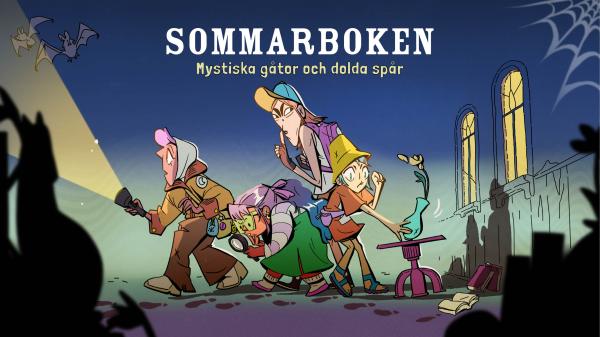 Affisch för Sommarboken: mystiska gåtor och dolda spår, med illustrerade barn som letar ledtrådar i ett spöklikt hus.