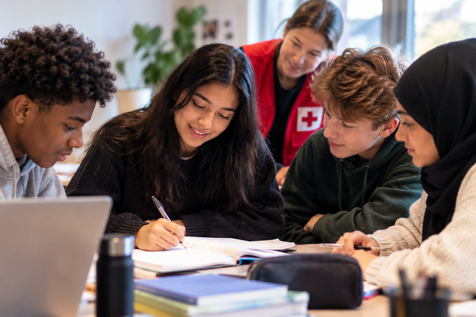 en röda korset medarbetare hjälper ungdommar med läxhjälp på ett bibliotek