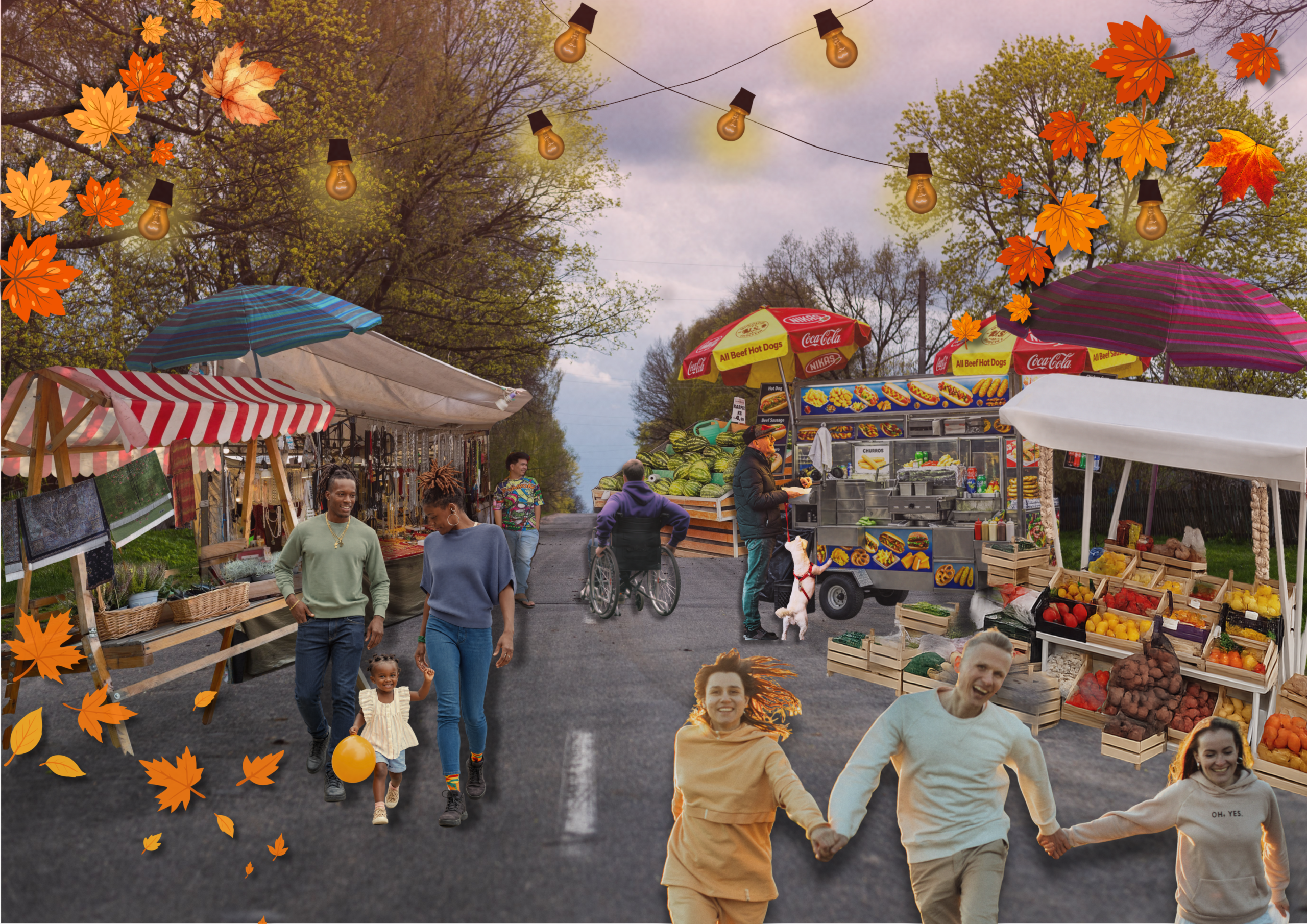 höstmarknad med glada människor och marknadsstånd, ett collage av olika bilder