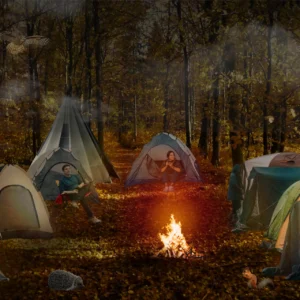 collagebild av en camping, med eldstad