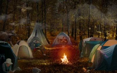 collagebild av en camping, med eldstad