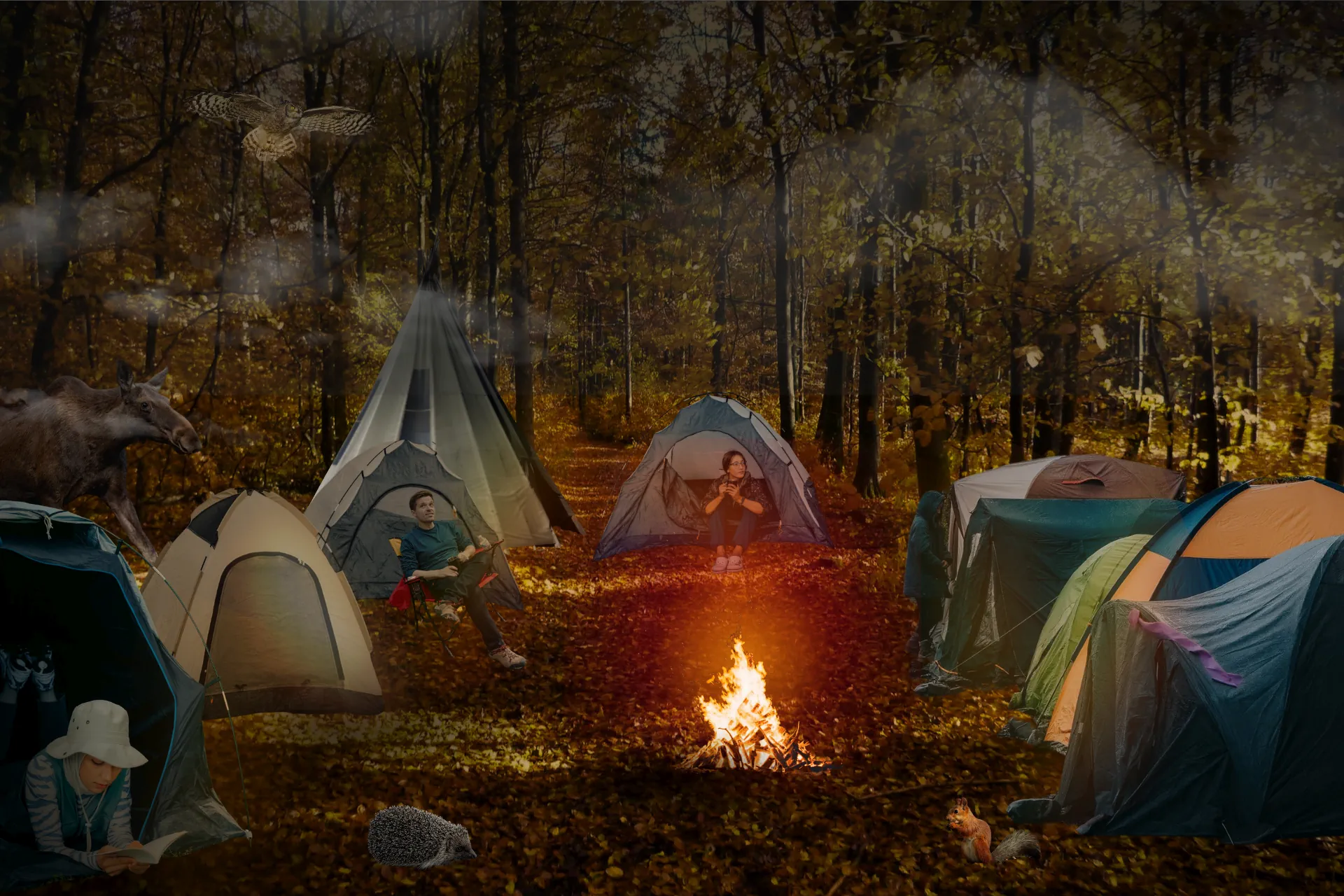 collagebild av en camping, med eldstad