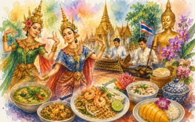 Montage av bilder som representerar thailändsk kultur