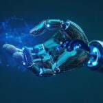En robothand som rör vid blå data