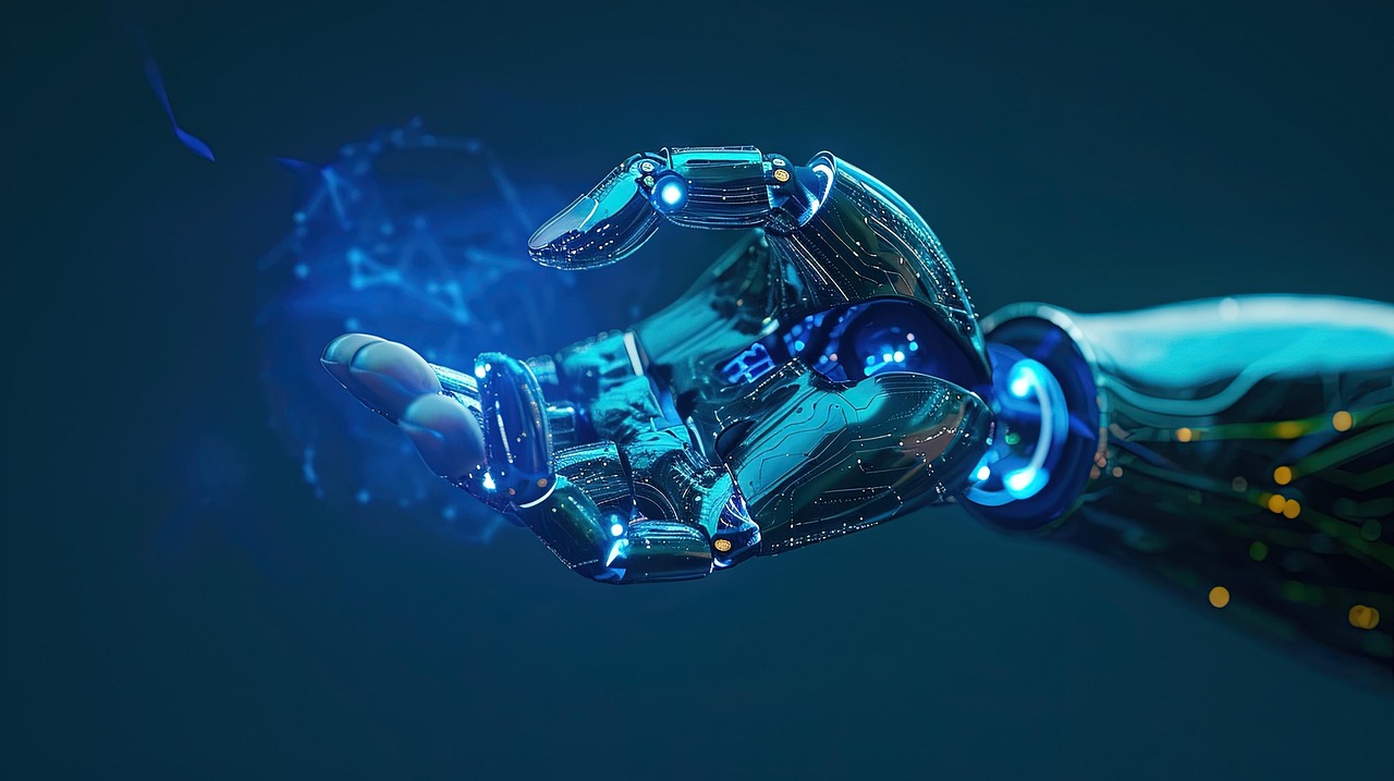 En robothand som rör vid blå data