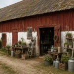 en röd vit ladugård med en gårdsbutik