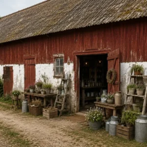 en röd vit ladugård med en gårdsbutik