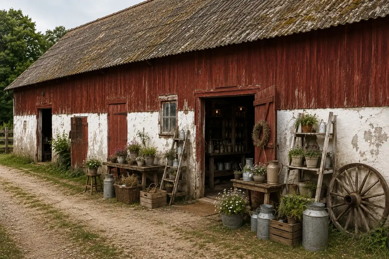 en röd vit ladugård med en gårdsbutik