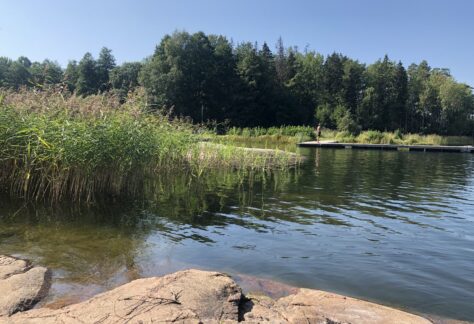 Bild på brygga och en stilla sjö iBorgardalens badplats utanför Länna