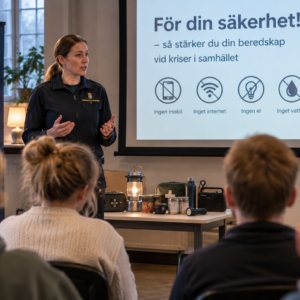 Kvinna håller föredrag om Krisberedskap.