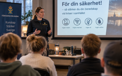 Kvinna håller föredrag om Krisberedskap.