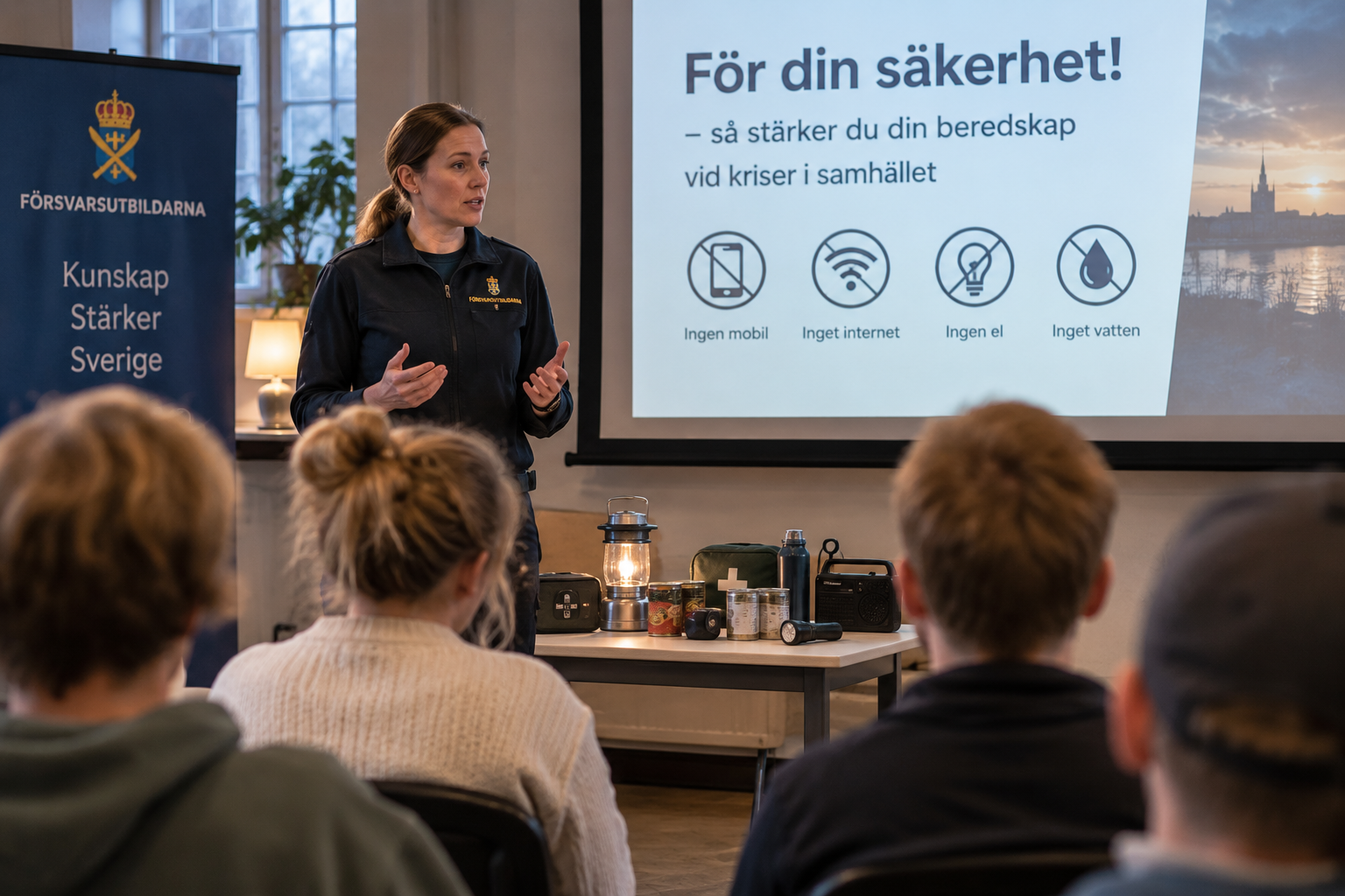 Kvinna håller föredrag om Krisberedskap.