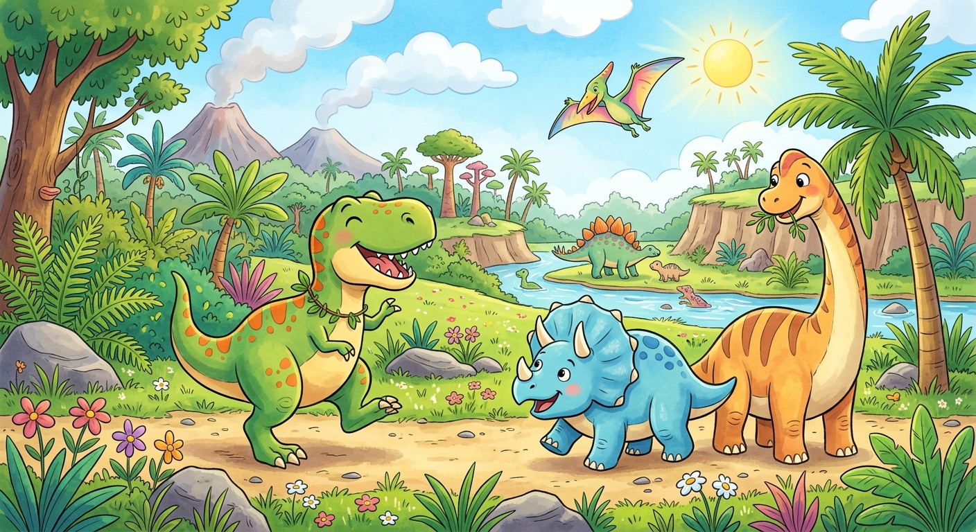 En animerad bild på flera dinosaurier som ler och står ute i naturen en solig dag.
