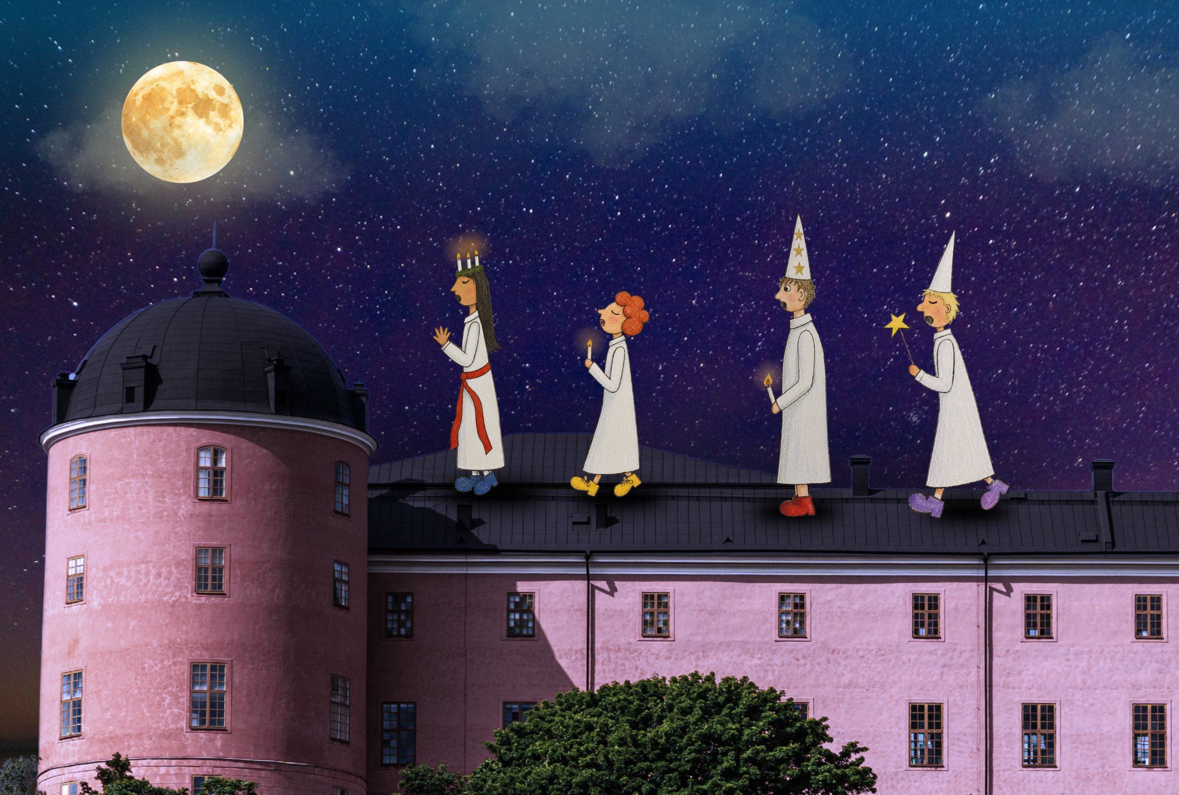 tecknat luciatåg på uppsala slotts tak, måne